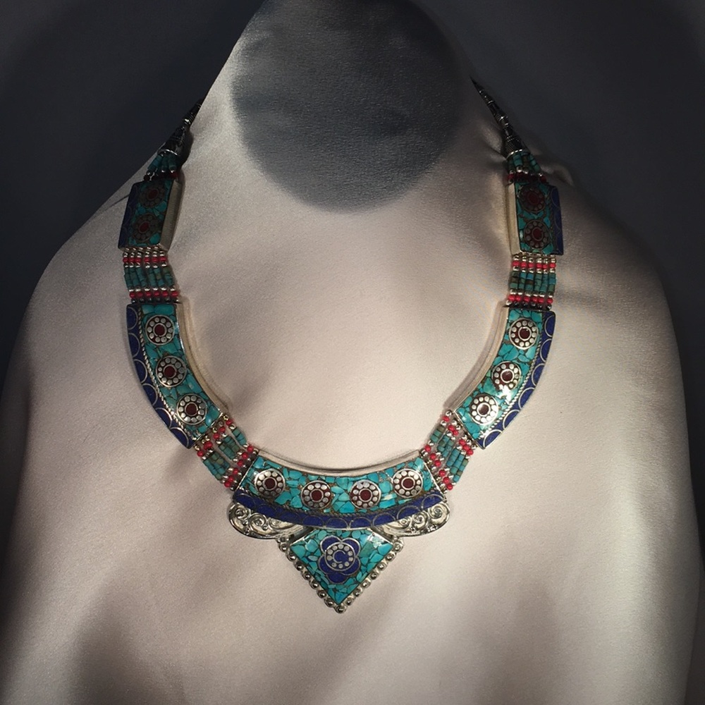 Tibetan Silver, Turquoise, Lapis & Coral necklace.